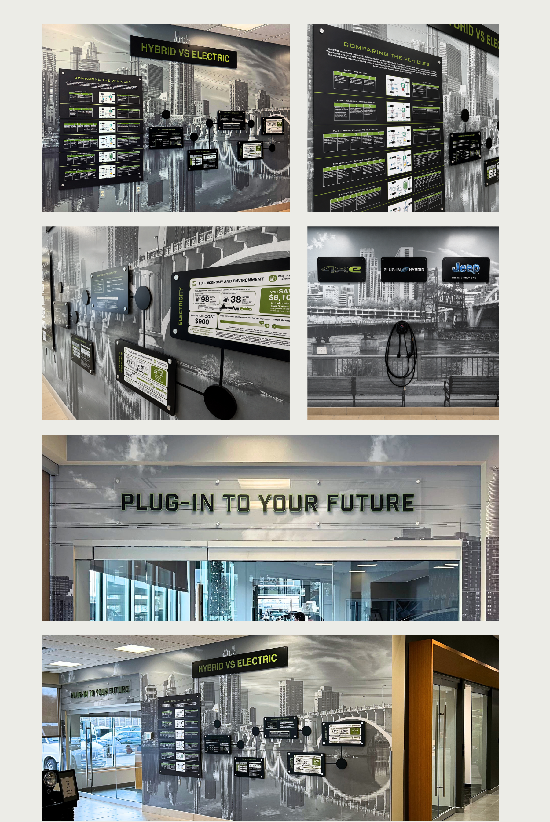 Collage of the completed Jeep showroom installation showing the full informational wall, dimensional acrylic panels, EV charging wall, standoffs, and Plug-In to Your Future lettering