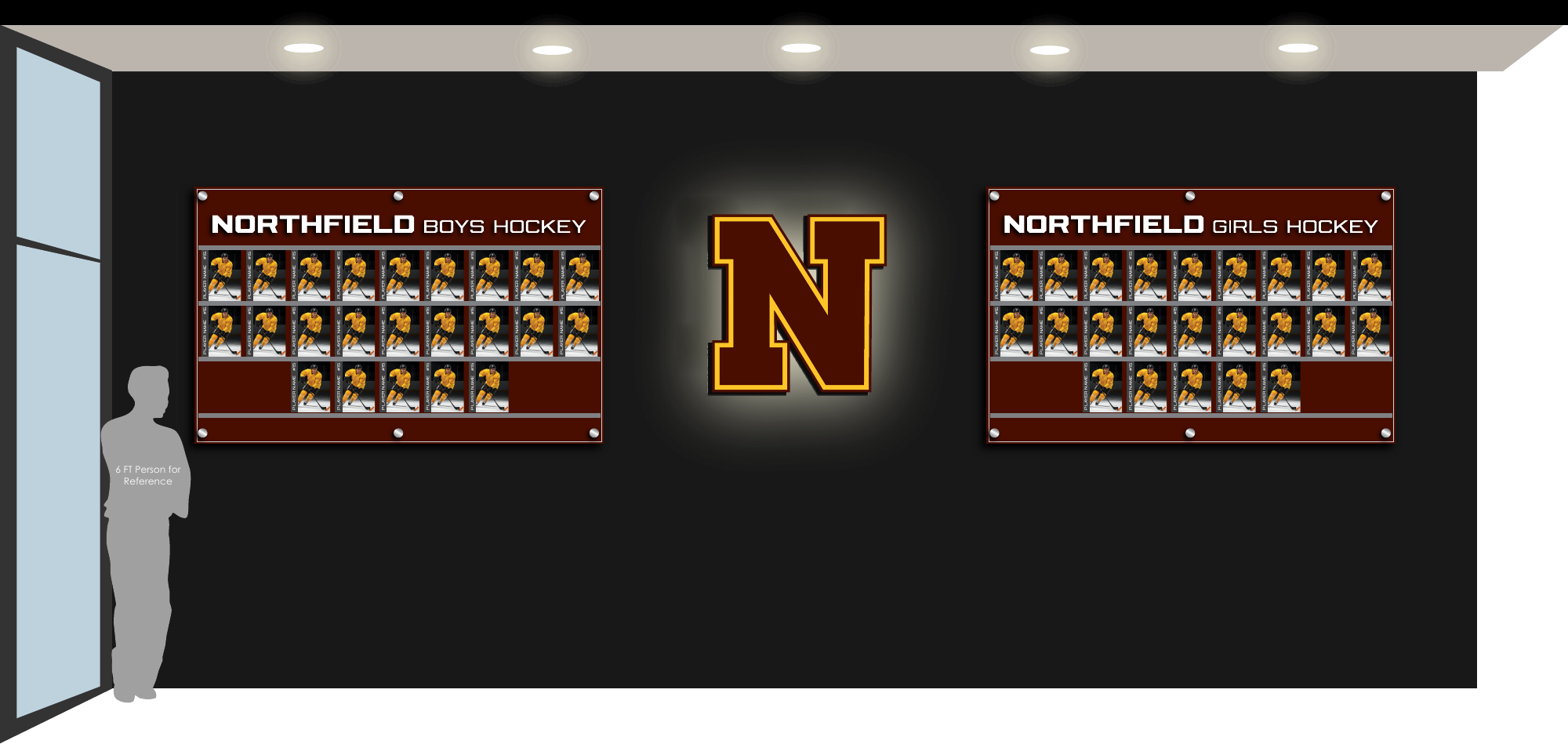 Erin O'Keefe's original scale and placement rendering for the Northfield athlete-recognition wall