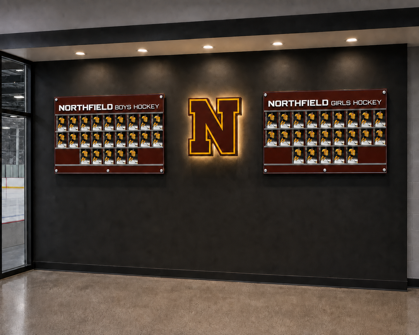 Realistic arena installation visualization of the Northfield boys and girls hockey athlete-recognition wall