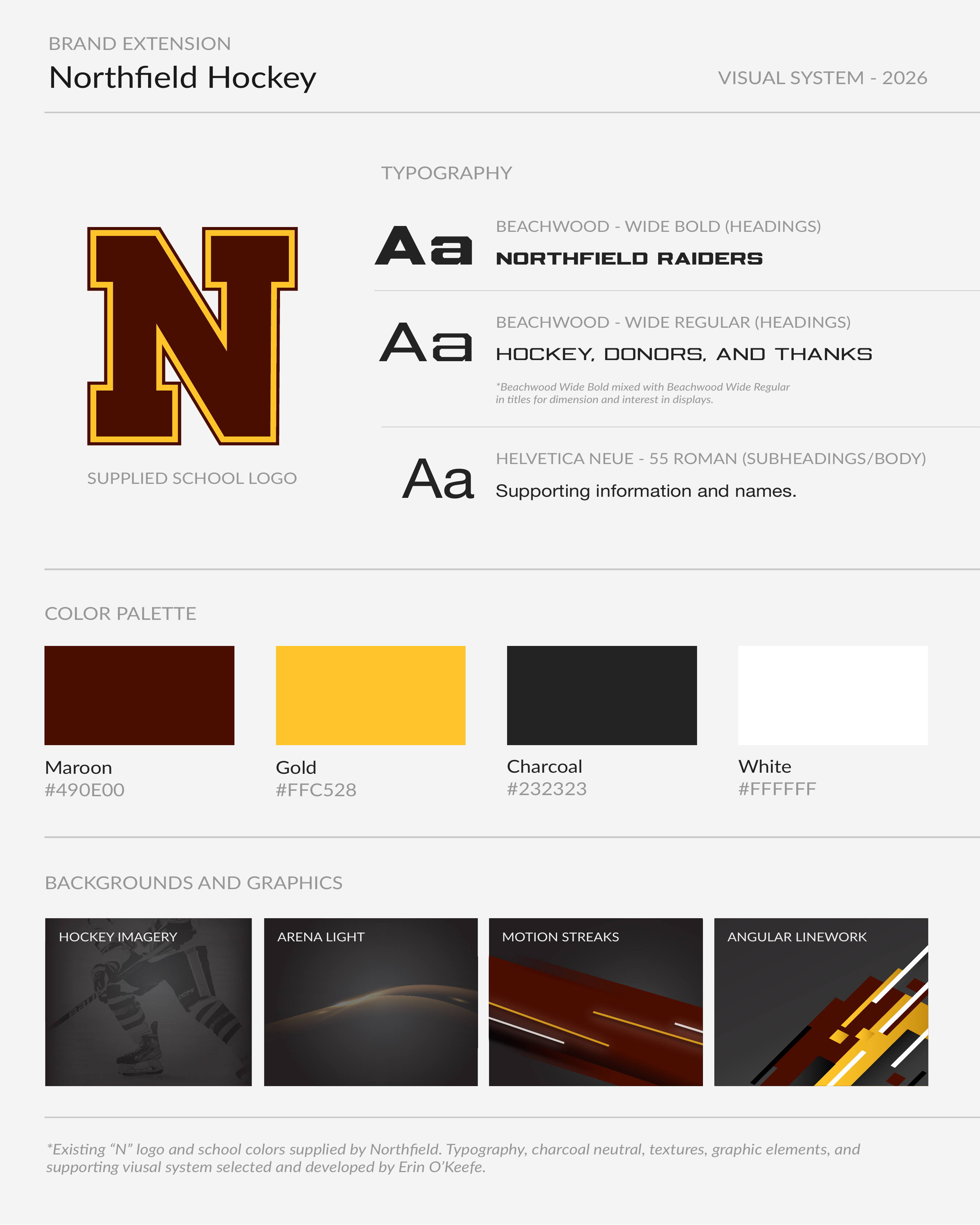 Northfield Hockey brand guide showing the supplied logo, typography, color palette, backgrounds, and graphic language