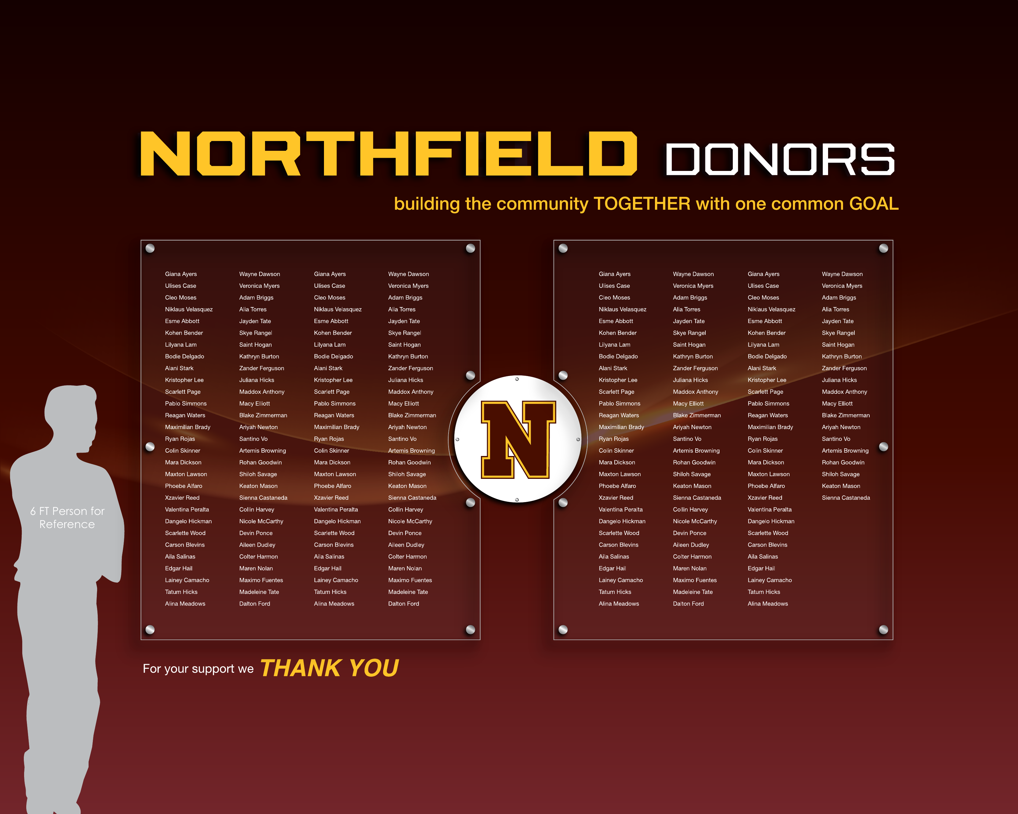 Northfield donor recognition display with two clear acrylic panels, a raised circular center panel, dimensional lettering, and a six-foot scale figure