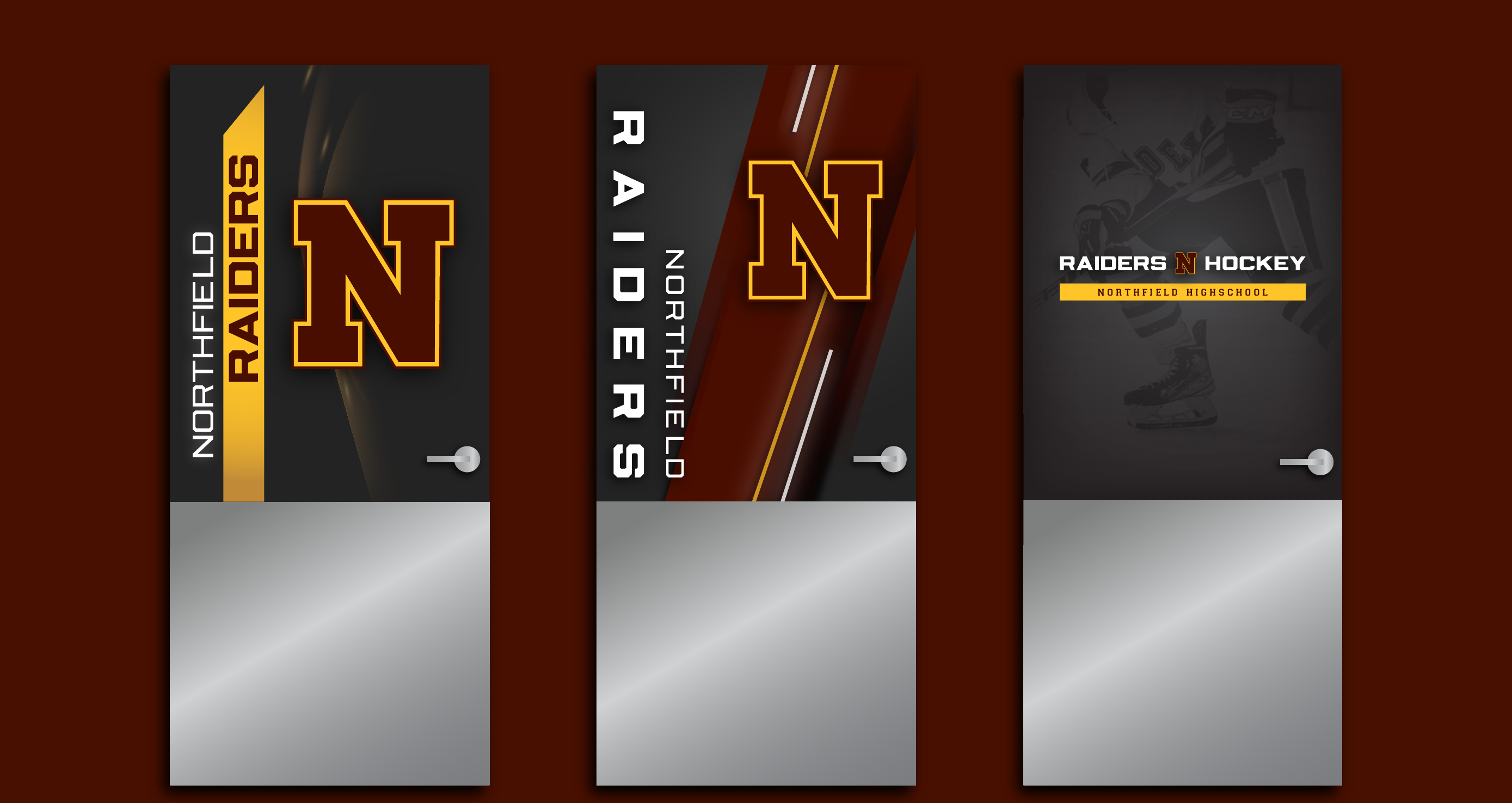 Three coordinated dimensional Northfield Raiders hockey door graphic concepts