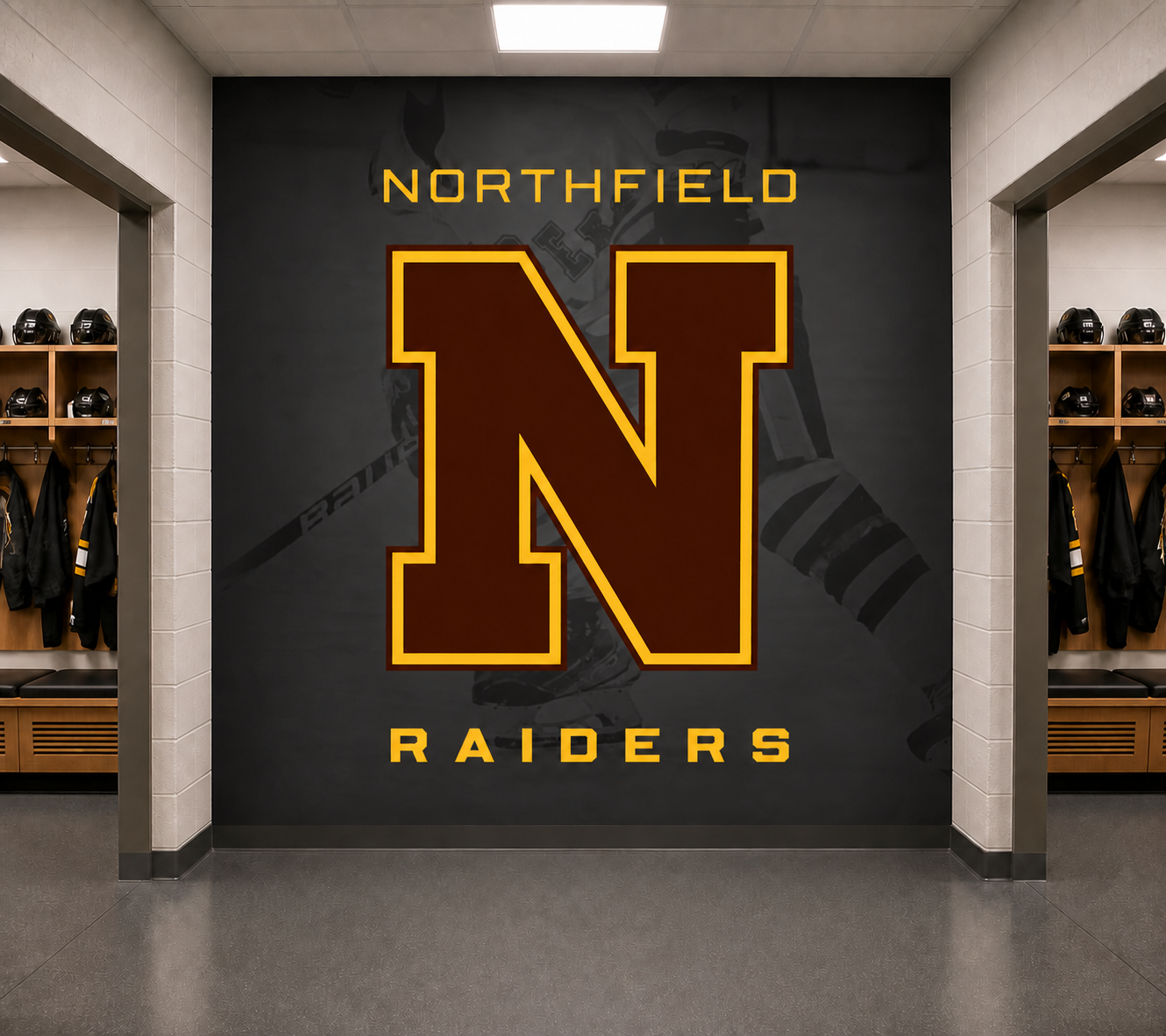Realistic corridor visualization of the Northfield Raiders hockey feature wall