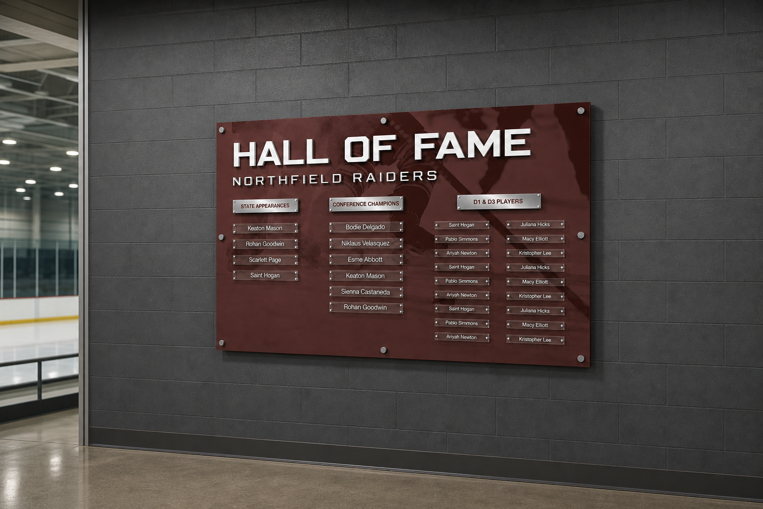 Realistic arena installation mockup of the Northfield Raiders Hall of Fame dimensional acrylic display