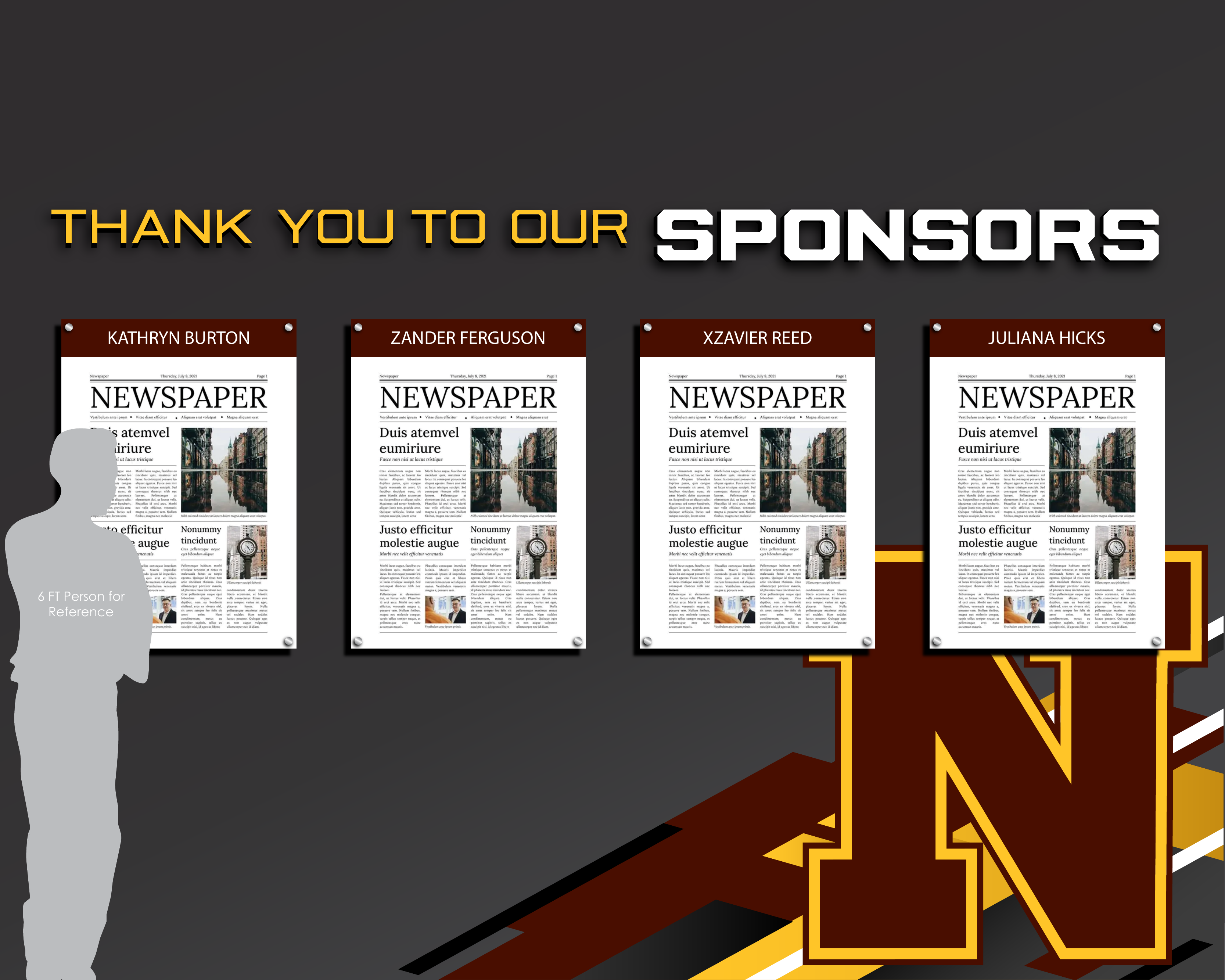 Northfield sponsor recognition display with four raised acrylic panels, dimensional lettering, and a six-foot scale figure